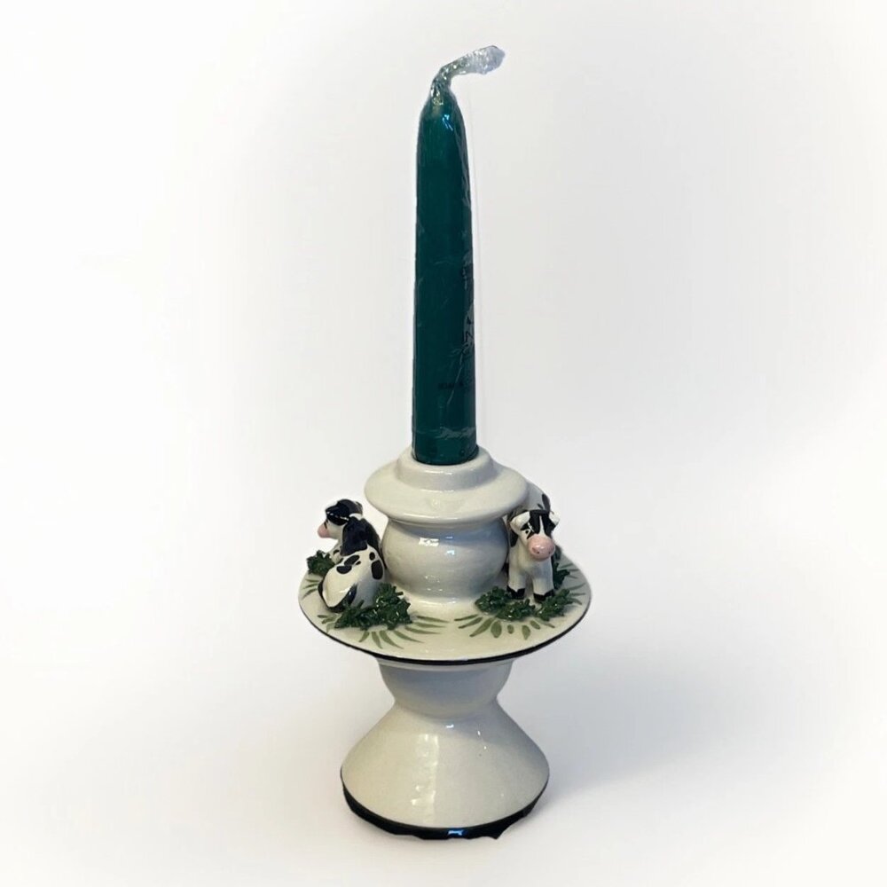 Vintage Cow Hand Painted L.A. Ceramics Candlestick Farmhouse Black N White 5.5"